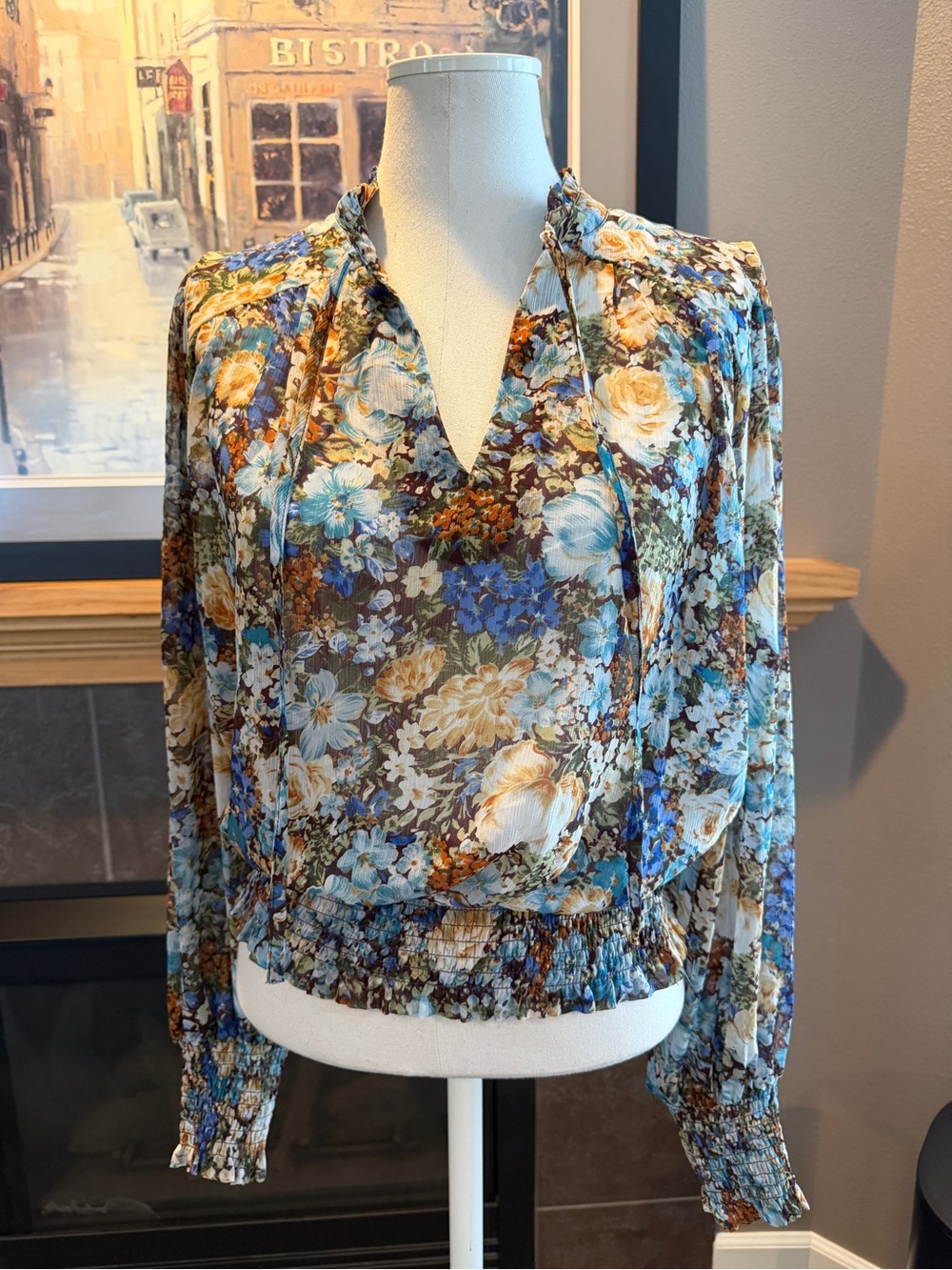 Rachel Zoe Blue & Brown Floral V-Neck Tie Blouse